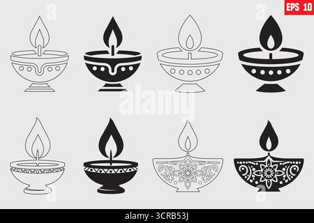 A simple flat vector illustration of a Diwali Diya oil lamp in silhouette form with a traditional flame representing the festival of lights. Stock Vector