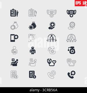 Healthcare icon set. Containing treatment, prevention, medical, health, diagnosis, report, illness, injury and more. Solid vector icons collection. Stock Vector