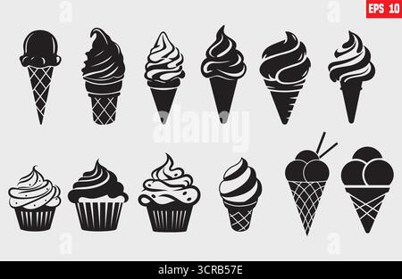 Ice cream cone vector icons. Summer dessert, frozen sweet treat, food symbol. Black silhouette isolated on white background. Stock Vector