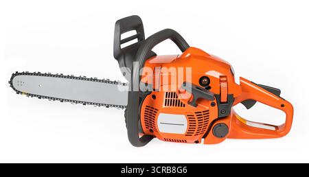 Orange hand-held gasoline chain saw isolated on a white background. Portable chainsaw with steel teeth on gray guide bar and plastic cover and handles. Stock Photo