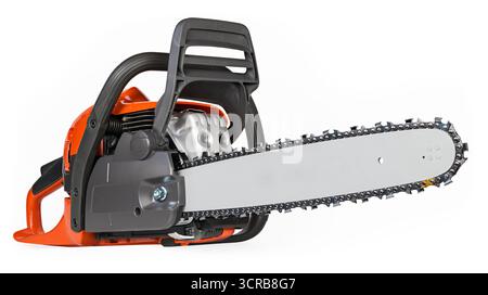 Closeup a gasoline chainsaw with gray steel guide bar isolated on white background. Portable hand-held power saw with sharp teeth on replaceable chain. Stock Photo