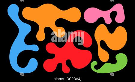 A collection of colorful, organic shapes in various sizes and forms are positioned against a black background. Stock Vector