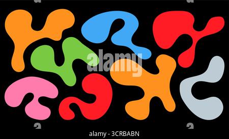 A collection of irregular, blob-like organic shapes in various vibrant colors is displayed against a black backdrop. The shapes create an engaging abs Stock Vector