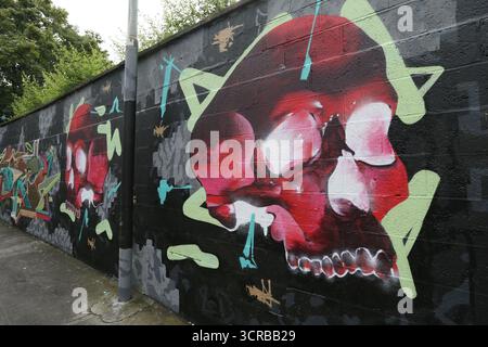Dublin, Ireland  -  18th July 2014 - A painted art mural of two red skulls on a wall in Liberty Lane in Dublin city centre Stock Photo