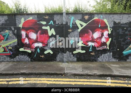 Dublin, Ireland  -  18th July 2014 - A painted art mural of two red skulls on a wall in Liberty Lane in Dublin city centre Stock Photo