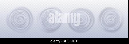 Concentric circles from water drop impact with sound wave ripples spreading outward for motion graphics. Splash rings on transparent background. Radial disturbance and liquid visualization elements. Stock Vector