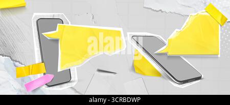 Smartphone mockups with yellow speech bubbles and torn paper textures for digital communication design. Pink tape, grey mobile devices and white backgrounds. Modern collage style composition. Stock Vector