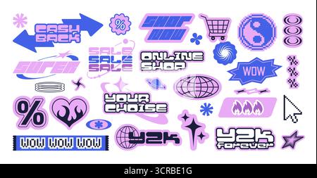 Y2k label stickers with retro cyber elements for nostalgic branding or digital aesthetic. Blue and purple discount designs, cashback text, online shop typography with arrows, hearts and stars. Stock Vector