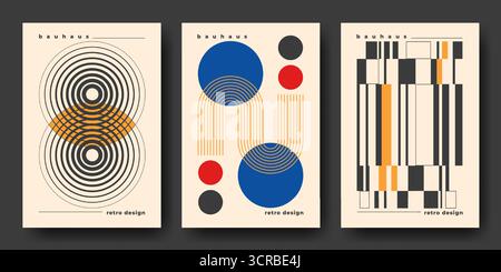 Bauhaus cover designs with black geometric shapes and color accents for retro poster or modernist exhibition. Concentric circles, rectangles with minimalist typography. Constructivist art collection. Stock Vector