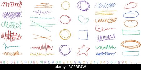 Crayon English font accompanied by matching underline elements. Stock Vector