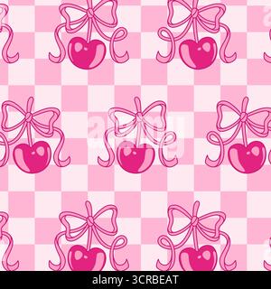 Cherry y2k pattern with pink glossy berries and decorative ribbons on checkerboard background. Retro fruit with lace motif for textile, wallpaper or nostalgic digital design projects. Stock Vector