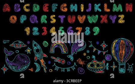 Charming crayon sketch showing an astronaut above the ocean, featuring crayon English lettering. Stock Vector