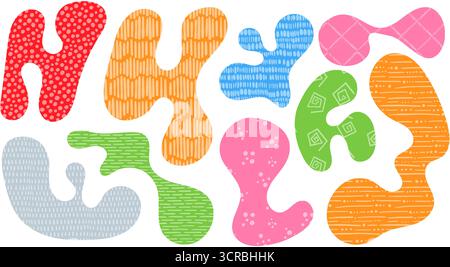 Various organic shapes are arranged in a vibrant display, featuring irregular blobs in multiple colors and patterns. This lively composition evokes cr Stock Vector