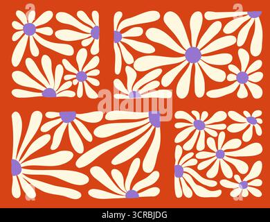 Bold floral patterns characterized by vibrant colors and dynamic shapes evoke the lively spirit of the 70s. Stock Vector