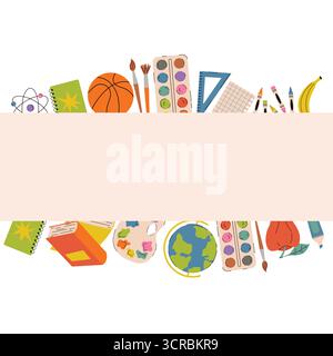 Back to School square poster with top and bottom borders of school and art supplies like books, globe, paints and brushes in flat cartoon style. Ideal Stock Vector