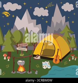 Night camping square scene with mountain landscape, forest, starry sky, tent, campfire, map, guitar, hiking boots in flat cartoon style. Ideal for pos Stock Vector