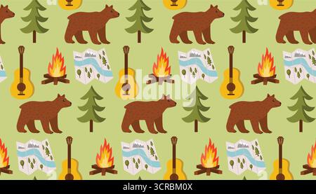 Camping theme seamless pattern with brown bear, campfire, road map, spruce tree and guitar on light green background in flat cartoon style. Cute natur Stock Vector