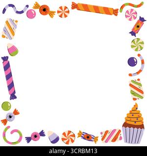 Cute square frame for Halloween party with candies, cupcake, gummy worms, marshmallow and candy corn in flat cartoon style. Fun hand drawn clipart for Stock Vector
