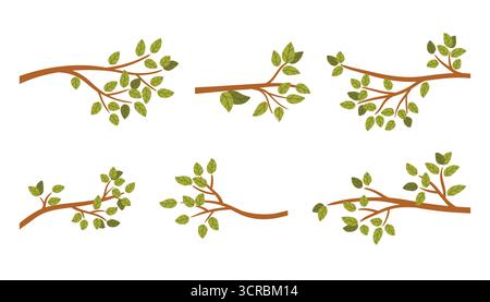 Set of spring or summer horizontal tree branches with green leaves in flat cartoon style. Cute hand drawn clipart collection for web, card, poster, se Stock Vector