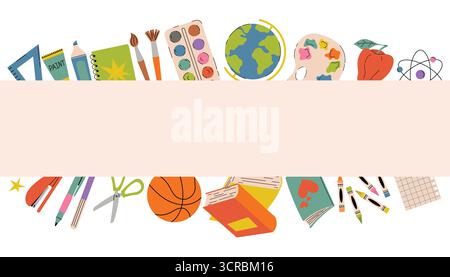 Cute Back to School card with borders of school and art supplies like books, globe, paints and brushes in flat cartoon style. Perfect poster for greet Stock Vector