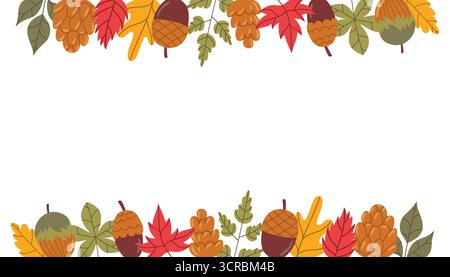 Cute autumn card with borders on top and bottom of leaves, nuts, acorns, and cones in flat cartoon style. Cozy seasonal poster design for thanksgiving Stock Vector