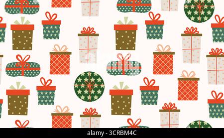 Cute seamless pattern for Christmas holidays with festive gift boxes with bright wrapping papers and bows in messy order in flat cartoon style. Stock Vector