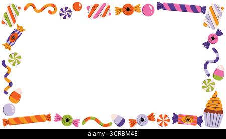 Halloween horizontal frame with candies, cupcake, gummy worms, marshmallow and candy corn in flat cartoon style. Ideal for greeting card, invitation, Stock Vector