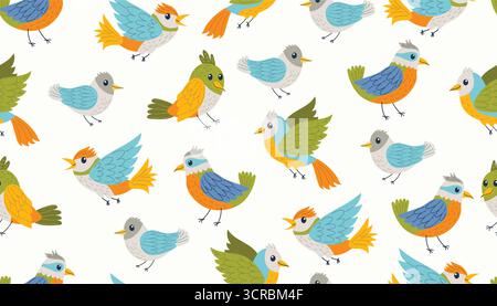 Cute seamless pattern with funny birds in random order in flat cartoon style. Bright hand drawn clipart for textile, background, decoration, wrapping, Stock Vector
