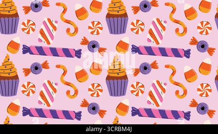 Cute seamless pattern for Halloween party with candies, cupcake, gummy worms, marshmallow and candy corn in messy order in flat cartoon style. Fun des Stock Vector