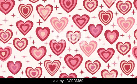 Valentines Day seamless pattern with red and pink striped hearts and tiny stars in messy order in flat cartoon style. Perfect for card, poster, wrappi Stock Vector