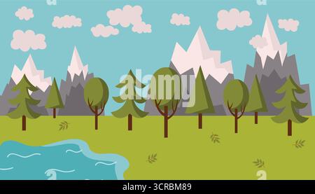 Summer landscape with blue cloudy sky, mountains, trees and lake in flat cartoon style. Cute nature scene for poster, card, background, decoration and Stock Vector