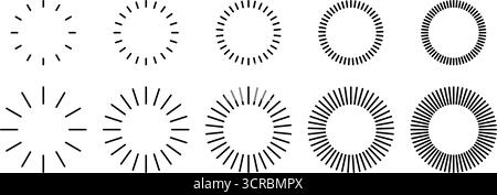 Lines dash round pattern. Circle border frame with rays. Simple vector set of repeating striped contours. Stock Vector