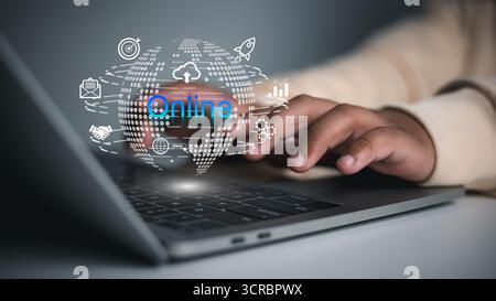 Online business and digital technology network concept with global internet connection. Cloud computing, e-commerce, marketing, communication and inno Stock Photo