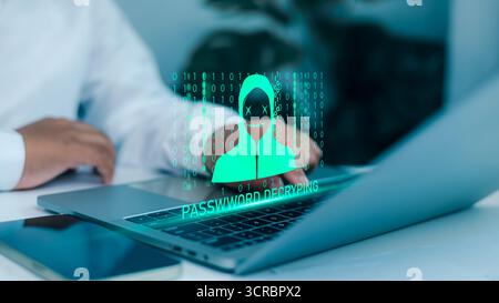 Cybersecurity hacking threat concept with hacker decrypting password on laptop. Digital data breach, online security risk, cyber attack and computer s Stock Photo