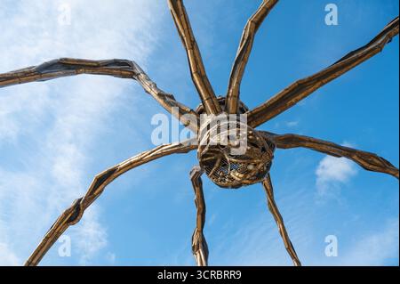 Bilbao, Spain - July 18, 2025: Low Angle View and Detail of Maman Spider Sculpture with Marble Eggs by Artist Louise Bourgeois Against Blue Sky in Bil Stock Photo