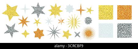 Glitter seamless patterns and star shaped stickers in gold, silver, bronze, and white. Sparkling vector sequin textures shine with disco effect Stock Vector