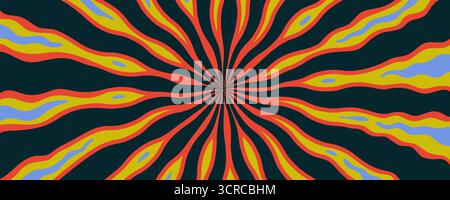 Psychedelic fire lava background with abstract red, yellow, and blue wavy rays on dark backdrop. Groovy retro pattern. Great for posters, covers, or Stock Vector