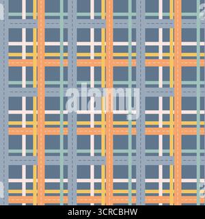 A vibrant woven textile design showcases intersecting lines in blue, orange, and pastel colors, creating a harmonious grid pattern. This intricate des Stock Vector