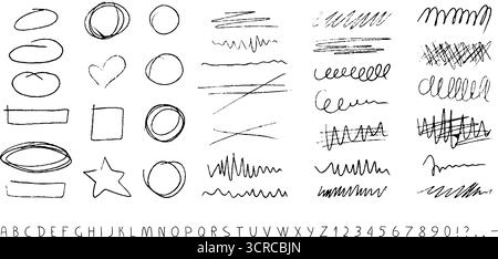Energetic crayon-style English lettering with dynamic, scribbled underline accents Stock Vector