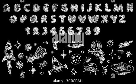 Whimsical crayon drawing of an astronaut near a planet, featuring handwritten crayon English font. Stock Vector