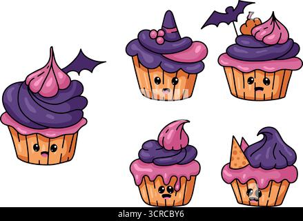 Collection of cute Halloween cupcakes in kawaii style with funny faces and spooky decorations like witch hats, bats, and pumpkins. Perfect for party i Stock Vector