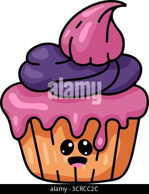 Collection of cute Halloween cupcakes in kawaii style with funny faces and spooky decorations like witch hats, bats, and pumpkins. Perfect for party i Stock Vector