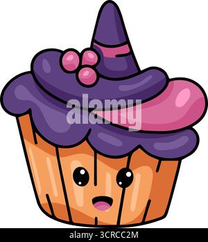 Collection of cute Halloween cupcakes in kawaii style with funny faces and spooky decorations like witch hats, bats, and pumpkins. Perfect for party i Stock Vector