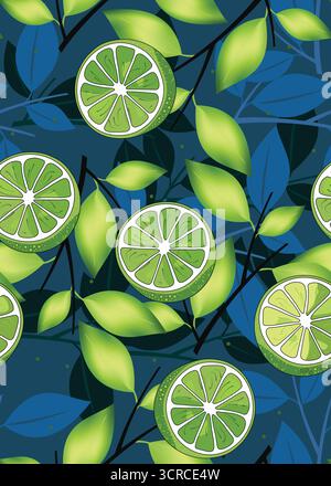 Seamless Lemon Pattern with Leaves and Soft Shadows, vibrant seamless pattern featuring bright green lemons, lush green leaves Stock Vector