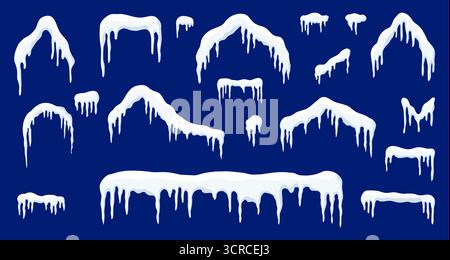 Cartoon snow caps and icicles, perfect for Christmas design. Vector icons isolated on transparent background. Stock Vector