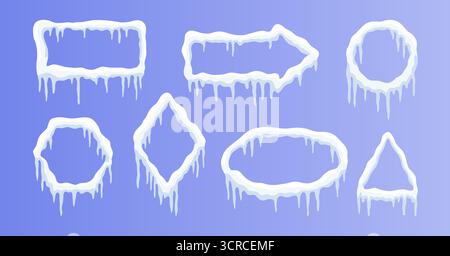 Set of advertising banners featuring snow ice cap designs in various shapes like rectangular, square, oval, arrow and round Stock Vector