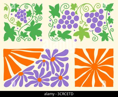 Colorful floral designs reflecting the 70s aesthetic, incorporating waves and playful flowers. The intricate patterns burst with retro charm, celebrat Stock Vector