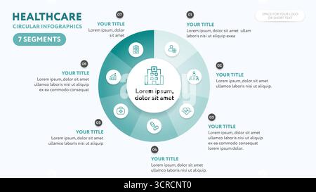 Medical circular infographics template - 7 segment diagram illustration for business presentation slide with flat icons and teal green color - vector Stock Vector