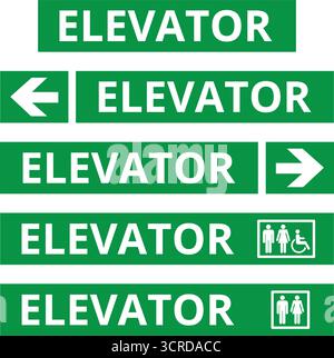 Green elevator signs with directional arrows on a white background Stock Vector