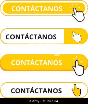 White and yellow contactanos bar button with a hand clicking on a white background (trad. contact us) Stock Vector